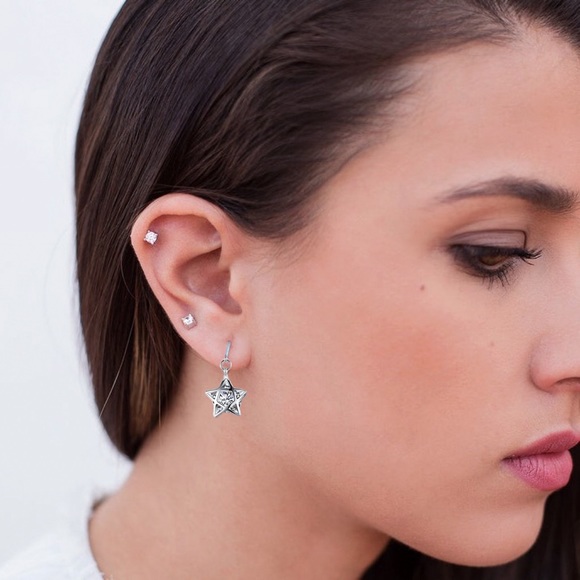 925 Silver Plated CZ Dangle Star Earrings - Picture 2 of 8